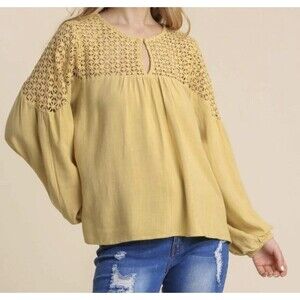 Umgee Size XL Long Sleeve Linen Blend Crochet Yoke In Marigold Blouse Boho